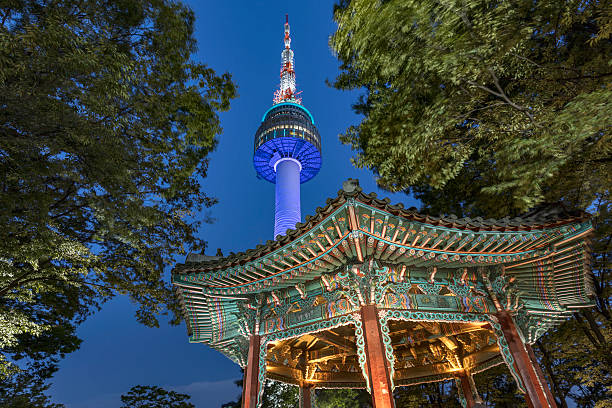 N Seoul Tower Golden Pavilion at Night South Korea Beautiful illuminated N Seoul Tower between trees with colorful Golden Pavilion in the front at twilight - night in Namsan Park on Namsan Mountain, Seoul, South Korea, Asia.  south korea stock pictures, royalty-free photos & images