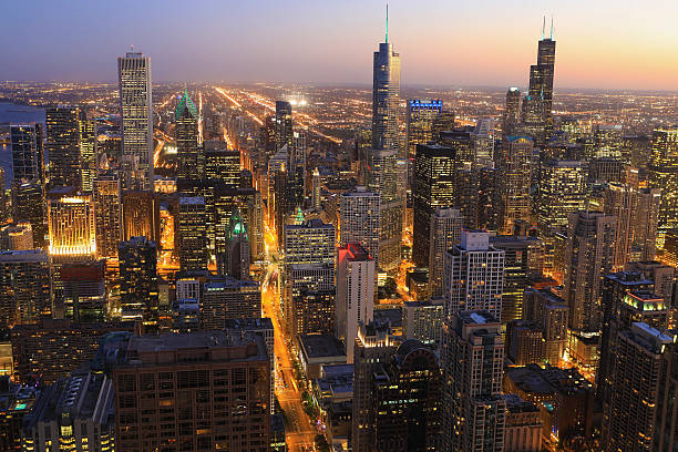 istock Aerial of Chicago skyline at night 612256540