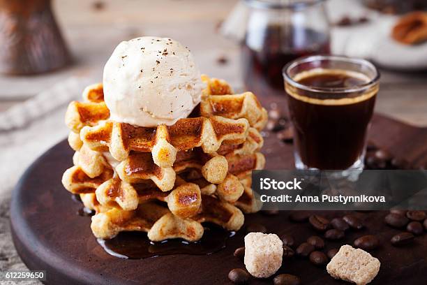 Fresh Whole Wheat Waffles Ice Cream Maple Syrup Stock Photo - Download Image Now - Cafe, Brussels-Capital Region, Waffle