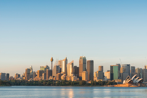 Color image of sunrise moments with clear sky on Sydney business district (CBD) skyline.