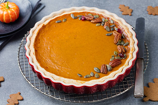istock Pumpkin pie, tart made for Thanksgiving day in baking dish 612261318