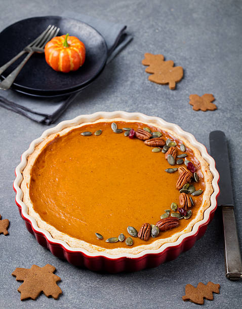 istock Pumpkin pie, tart made for Thanksgiving day in baking dish 612261436