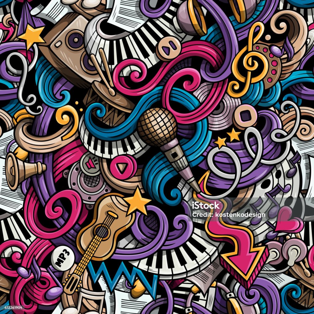 Cartoon Doodles Music Seamless Pattern Stock Illustration - Download Image  Now - Abstract, Acoustic Music, Arts Culture and Entertainment - iStock