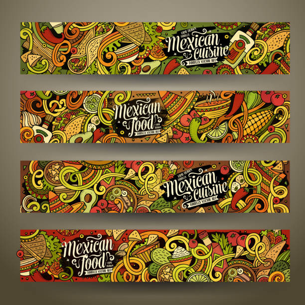 Cartoon mexican food doodles banners Cartoon colorful vector hand drawn doodles mexican cuisine corporate identity. 4 Horizontal banners design. Templates set lunch borders stock illustrations