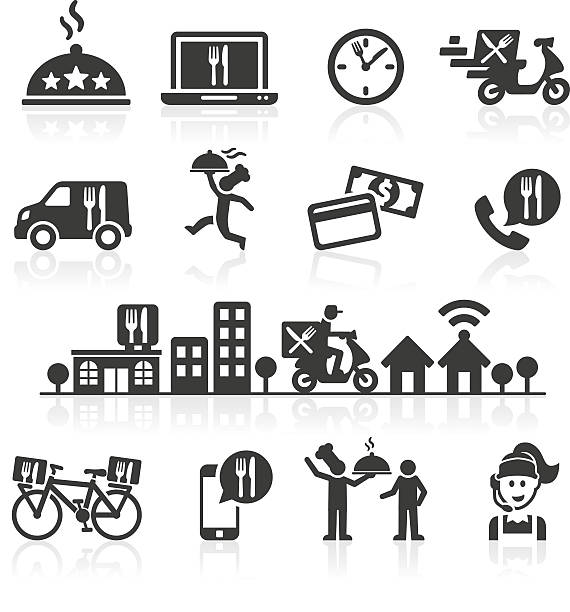 Takeaway and Online Food Delivery Icons. Takeaway and online food delivery icons. chef symbols stock illustrations