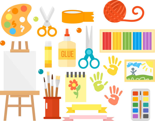 ilustrações de stock, clip art, desenhos animados e ícones de kids creativity creation symbols vector set. - tinta equipamento de arte e artesanato