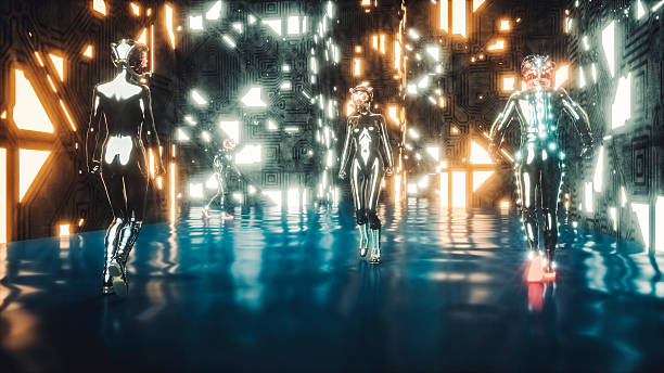 istock Futuristic city with walking cyborgs 612264990