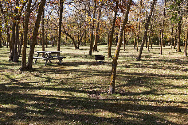 istock Park in Autumn with Picnic Table and Firepit 612267274