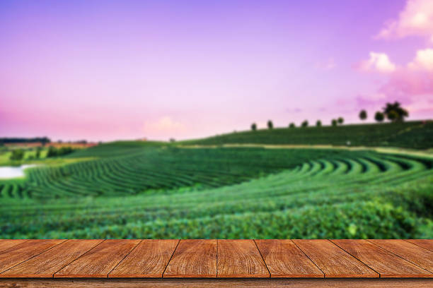 istock Empty wooden table and blur tea plantation background 612268028