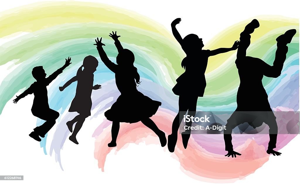 High Energy Kids Watercolor A vector silhouette illustration of a group of high energy children jumping, running, and showing other forms of movement.  They are in front of a pastel rainbow coloured watercolour paint wave pattern background. Child stock vector