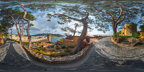 Tossa de Mar Spherical, 360 degrees, seamless panorama of the fortress of the city of Tossa de Mar, Spain 360 degree view photos stock pictures, royalty-free photos & images