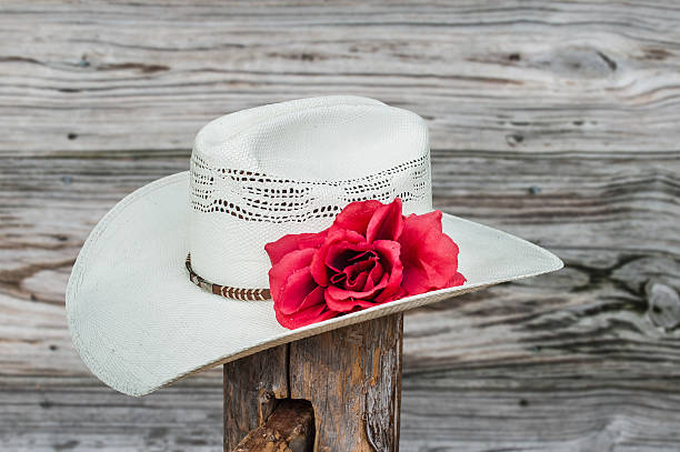 Straw cowboy hat with red flower set against a weathered wood fence.