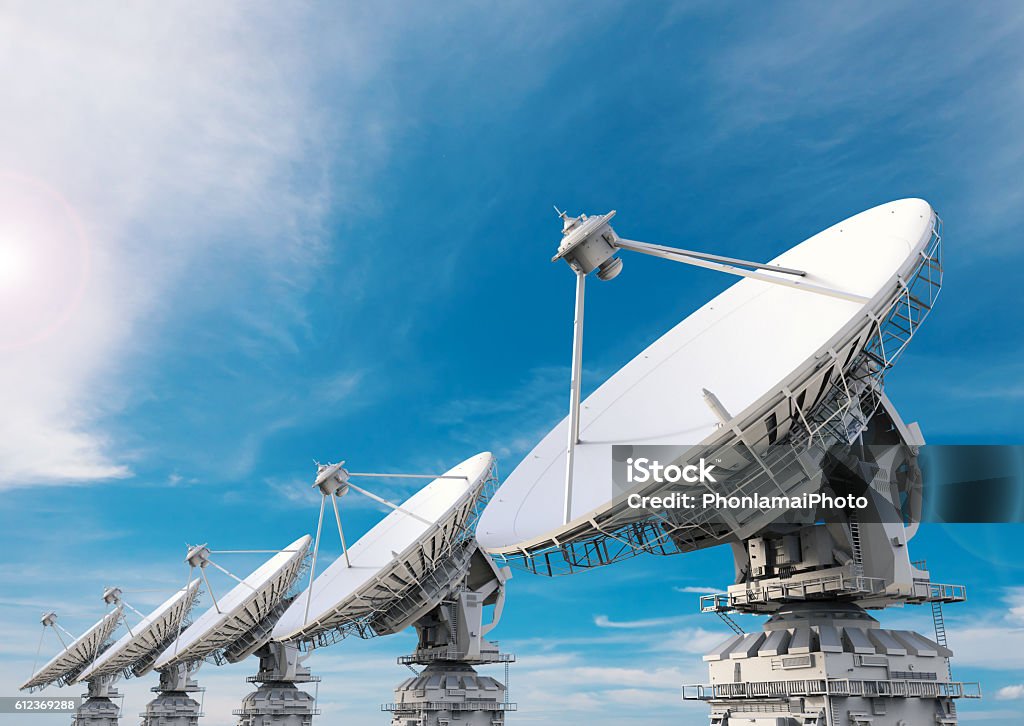 satellite dish 3d rendering satellite dish with blue sky background Satellite Dish Stock Photo