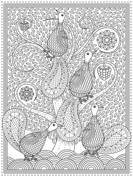 Elegant adult coloring page Elegant adult coloring page, peacocks in the whirl tree, anti-stress patten for coloring adult coloring pages mandala stock illustrations
