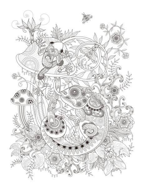 Gorgeous adult coloring page Gorgeous adult coloring page, frog and chameleon on mushroom, anti-stress pattern for coloring. adult coloring pages mandala stock illustrations