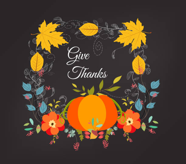 istock Hand drawn thanksgiving greeting card with leaves, pumpkin 612372914