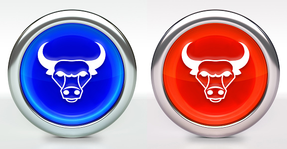 Bull & Horns Icon on Button with Metallic Rim. The icon comes in two versions blue and red and has a shiny metallic rim. The buttons have a slight shadow and are on a white background. The modern look of the buttons is very clean and will work perfectly for websites and mobile aps.