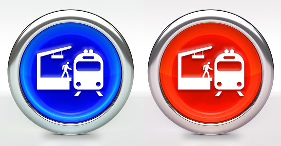 Train Stop Icon on Button with Metallic Rim. The icon comes in two versions blue and red and has a shiny metallic rim. The buttons have a slight shadow and are on a white background. The modern look of the buttons is very clean and will work perfectly for websites and mobile aps.