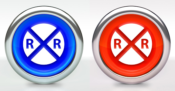Rail Road Crossing Icon on Button with Metallic Rim. The icon comes in two versions blue and red and has a shiny metallic rim. The buttons have a slight shadow and are on a white background. The modern look of the buttons is very clean and will work perfectly for websites and mobile aps.