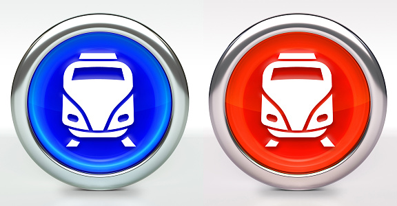 Train Icon on Button with Metallic Rim. The icon comes in two versions blue and red and has a shiny metallic rim. The buttons have a slight shadow and are on a white background. The modern look of the buttons is very clean and will work perfectly for websites and mobile aps.