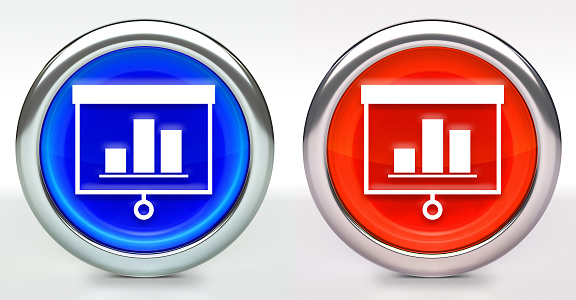Chart Icon on Button with Metallic Rim. The icon comes in two versions blue and red and has a shiny metallic rim. The buttons have a slight shadow and are on a white background. The modern look of the buttons is very clean and will work perfectly for websites and mobile aps.