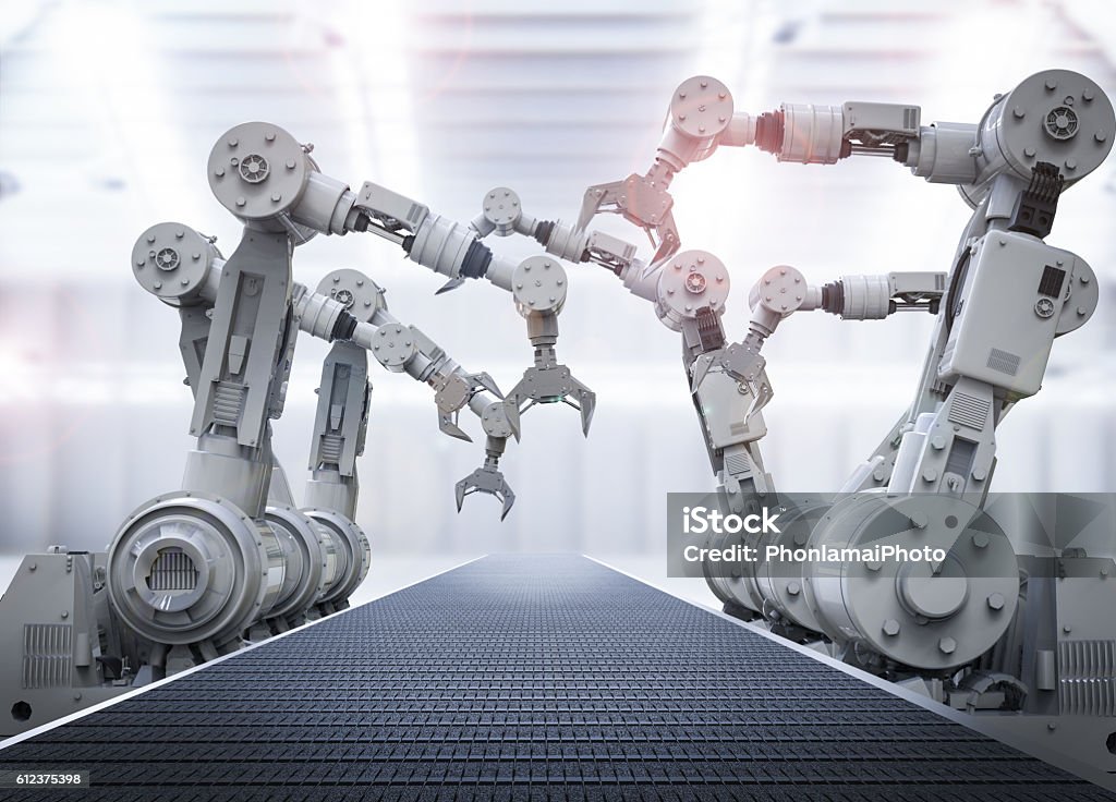 robotic arms with empty conveyor belt 3d rendering robotic arms with empty conveyor belt Robotic Arm Stock Photo