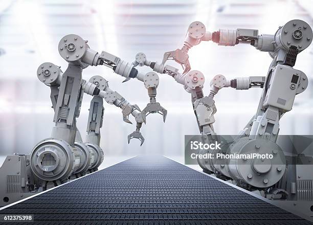 Robotic Arms With Empty Conveyor Belt Stock Photo - Download Image Now - Robotic Arm, Robot, Factory