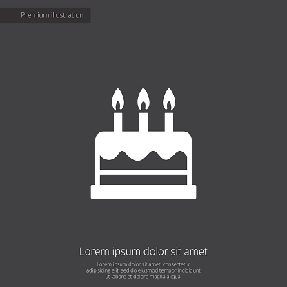 cake premium illustration icon, isolated, white on dark background, with text elements