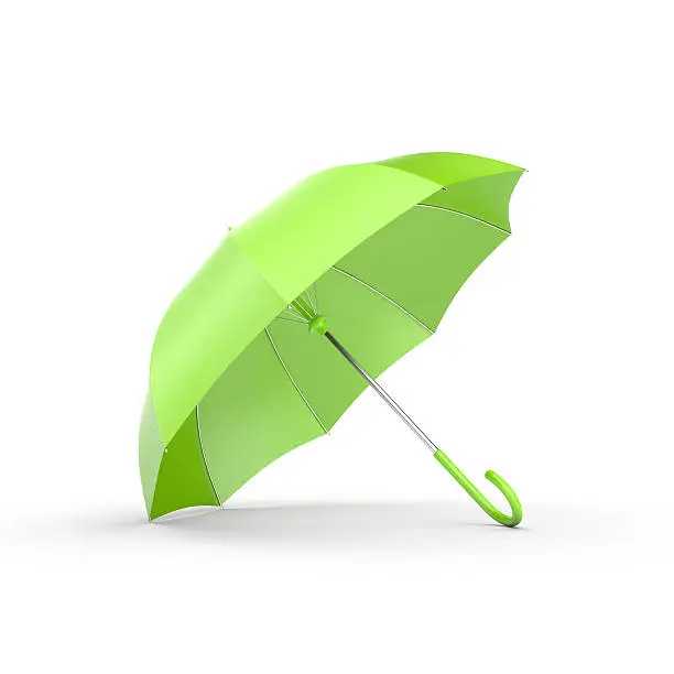 Photo of Green umbrella on white.