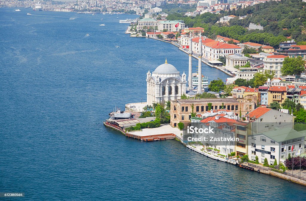 The view of Ortakoy Mosque from the Bosphorus bridge,  Istanbul The view of Ortakoy Mosque  and the houses on the Bosphorus shore from the Bosphorus bridge,  Istanbul Architecture Stock Photo