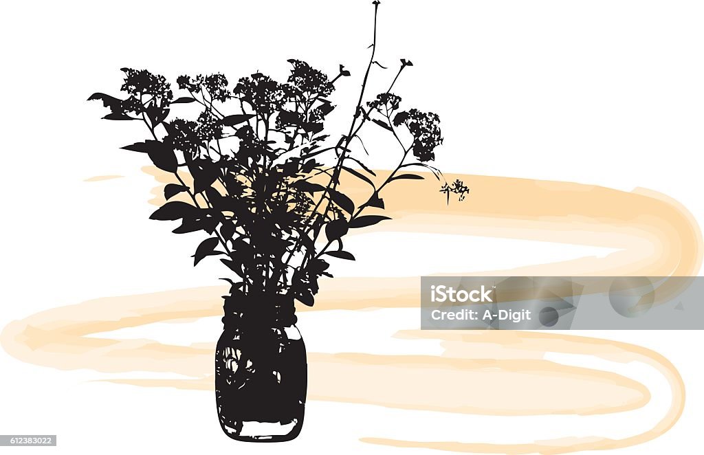 Wild Flower Vase Vector Silhouette A vector silhouette illustration of a vase of flowers in a mason jar with a yellow water colour background swish. Black Color stock vector