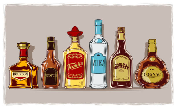 illustrations, cliparts, dessins animés et icônes de ensemble vectoriel de bouteilles avec de l’alcool et des stemwares - tequila spiritueux