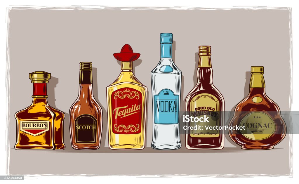 Vector set of bottles with alcohol and stemware Vector set of bottles with alcohol and stemware, engraving Bottle stock vector