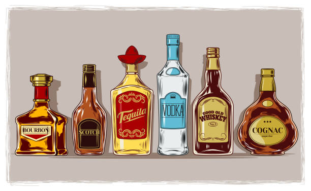Vector set of bottles with alcohol and stemware Vector set of bottles with alcohol and stemware, engraving tequila drink illustrations stock illustrations