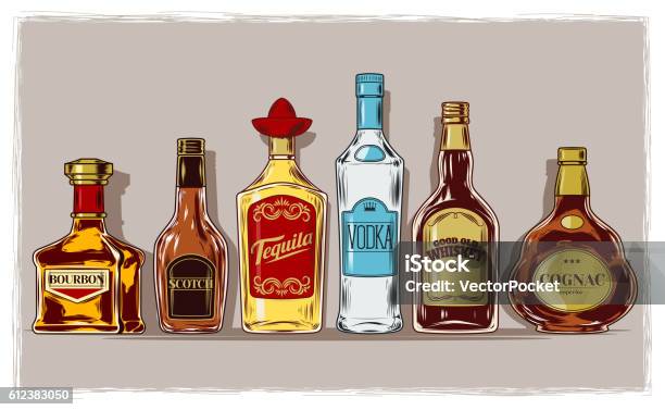 Vector Set Of Bottles With Alcohol And Stemware Stock Illustration - Download Image Now - Bottle, Alcohol - Drink, Tequila - Drink