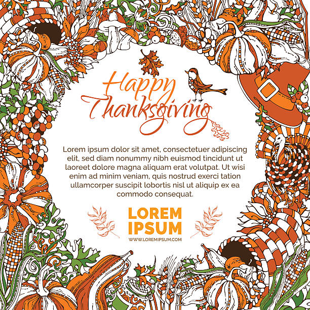 Vector bright Thanksgiving background. Traditional hand-drawn harvest symbols and food. Turkey, cornucopia, pilgrim's hat, pumpkin, corn, sunflower, wheat, sunflower, autumn leaves and others. orange sunflower stock illustrations