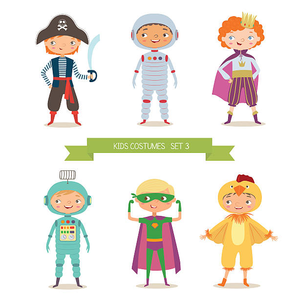 boys in different costumes for party or holiday - tavuk kostümü stock illustrations