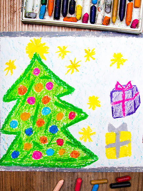 istock colorful drawing: Christmas tree and gifts 612388136
