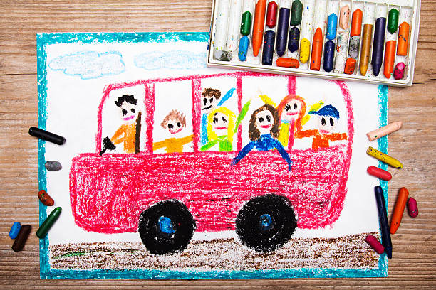 istock Colorful drawing - red school bus with happy children inside 612388924