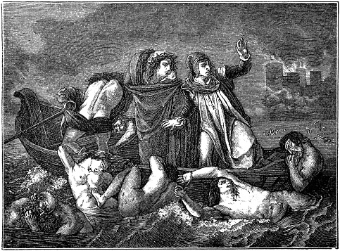 Dante and Virgil or The Barque of Dante (La Barque de Dante), lead by Phlegyas, crossing the lake that surrounds the walls of the infernal city of Dite