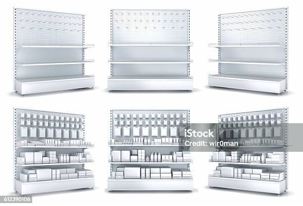 Blank Supermarket Products On Shelves And Pegboard Empy Shelves And Pegboard Stock Photo - Download Image Now