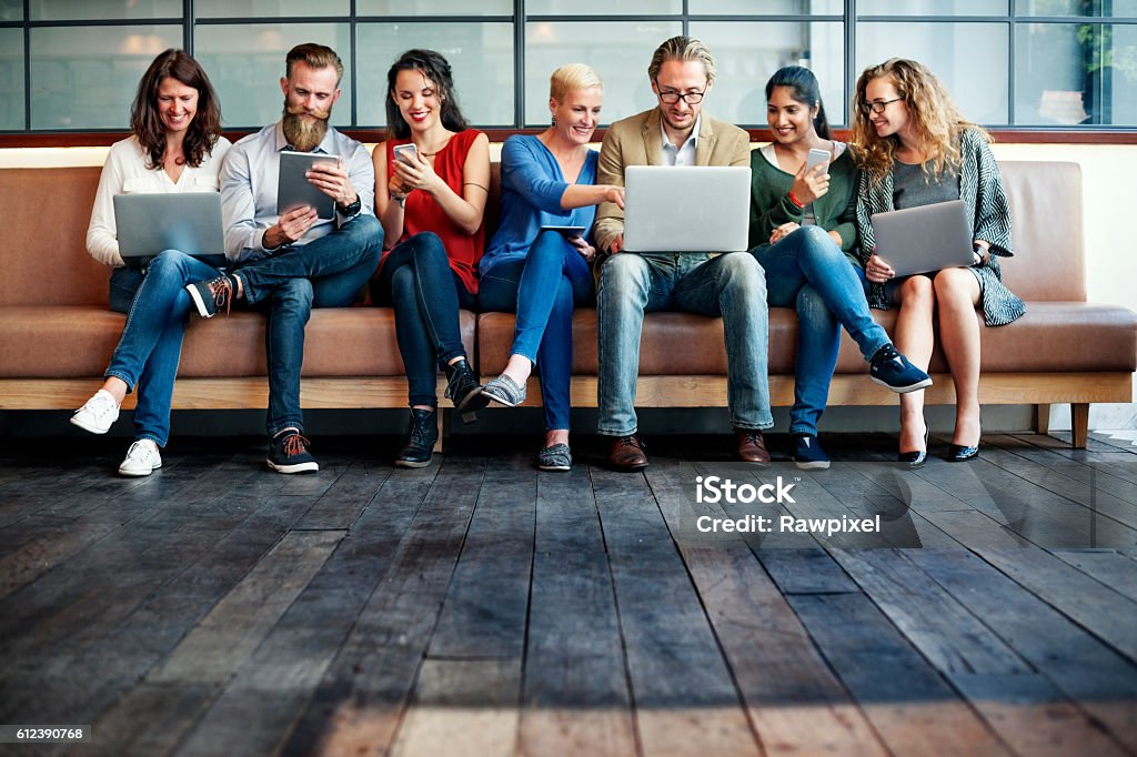 People Friendship Brainstorming Devices Techcnology Concept People Friendship Brainstorming Devices Technology Concept Group Of People Stock Photo