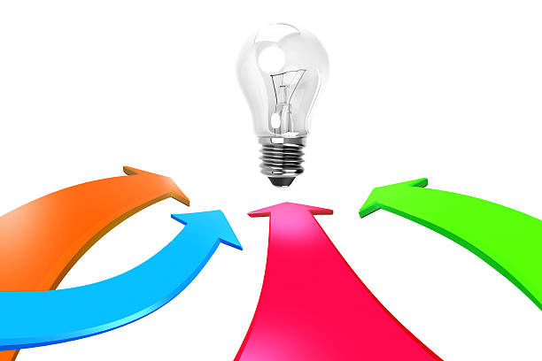 istock Four color arrows go toward light bulb, 3D rendering 612391786