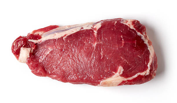 fresh raw beef steak isolated on white, from above - scotch steak imagens e fotografias de stock