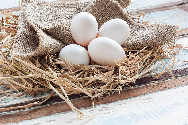 istock Organic white eggs on vintage wooden background. 612393632