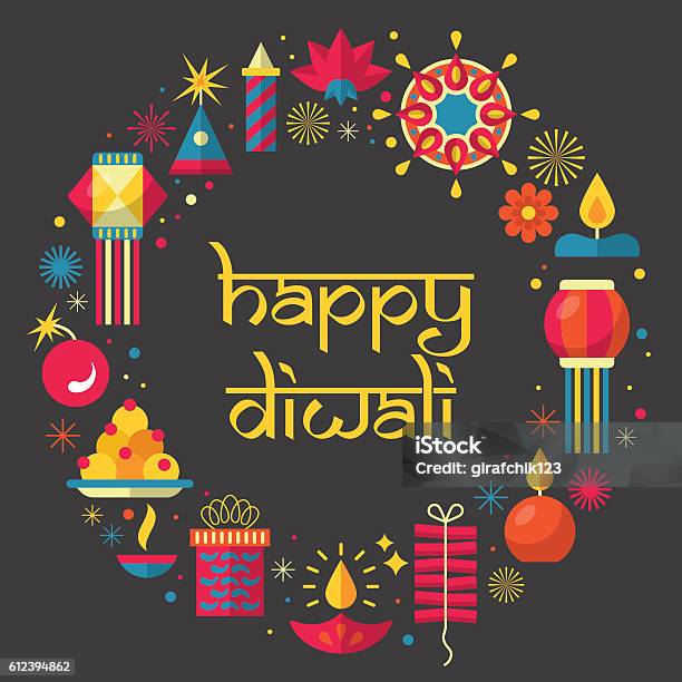 Diwali Hindu Festival Greeting Card Design With Flat Modern Elements Stock Illustration - Download Image Now