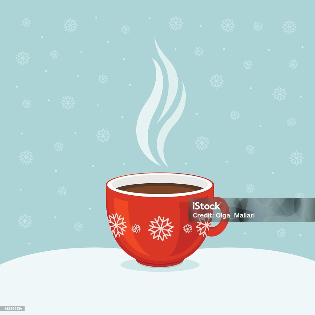 Café caliente en taza roja. Fondo de invierno. tarjeta navideña. - arte vectorial de Chocolate caliente libre de derechos