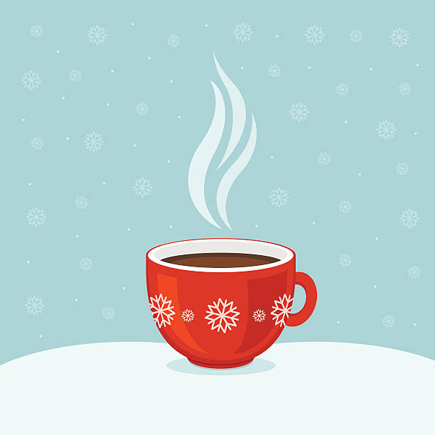 ilustraciones, imágenes clip art, dibujos animados e iconos de stock de café caliente en taza roja. fondo de invierno. tarjeta navideña. - bebida caliente