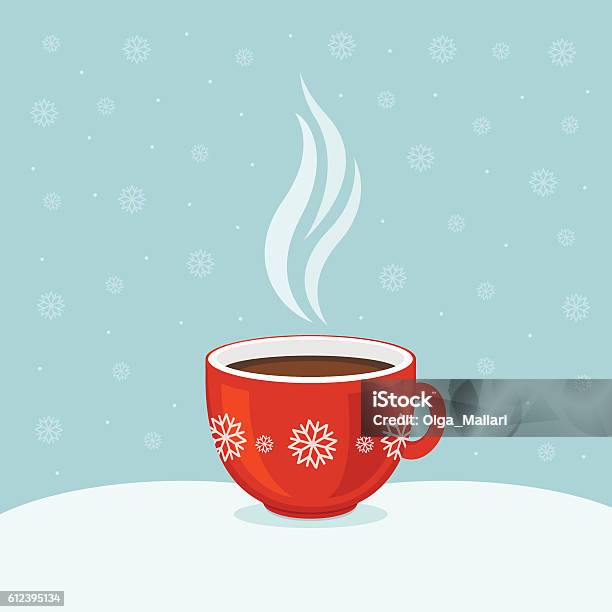 Hot Coffee In Red Cup Winter Background Christmas Card Stock Illustration - Download Image Now