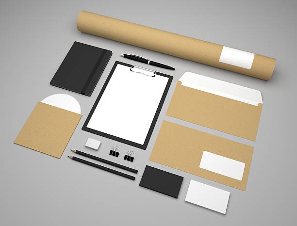 istock Mockup 3d illustration business template with clipboard and envelopes. 612395940